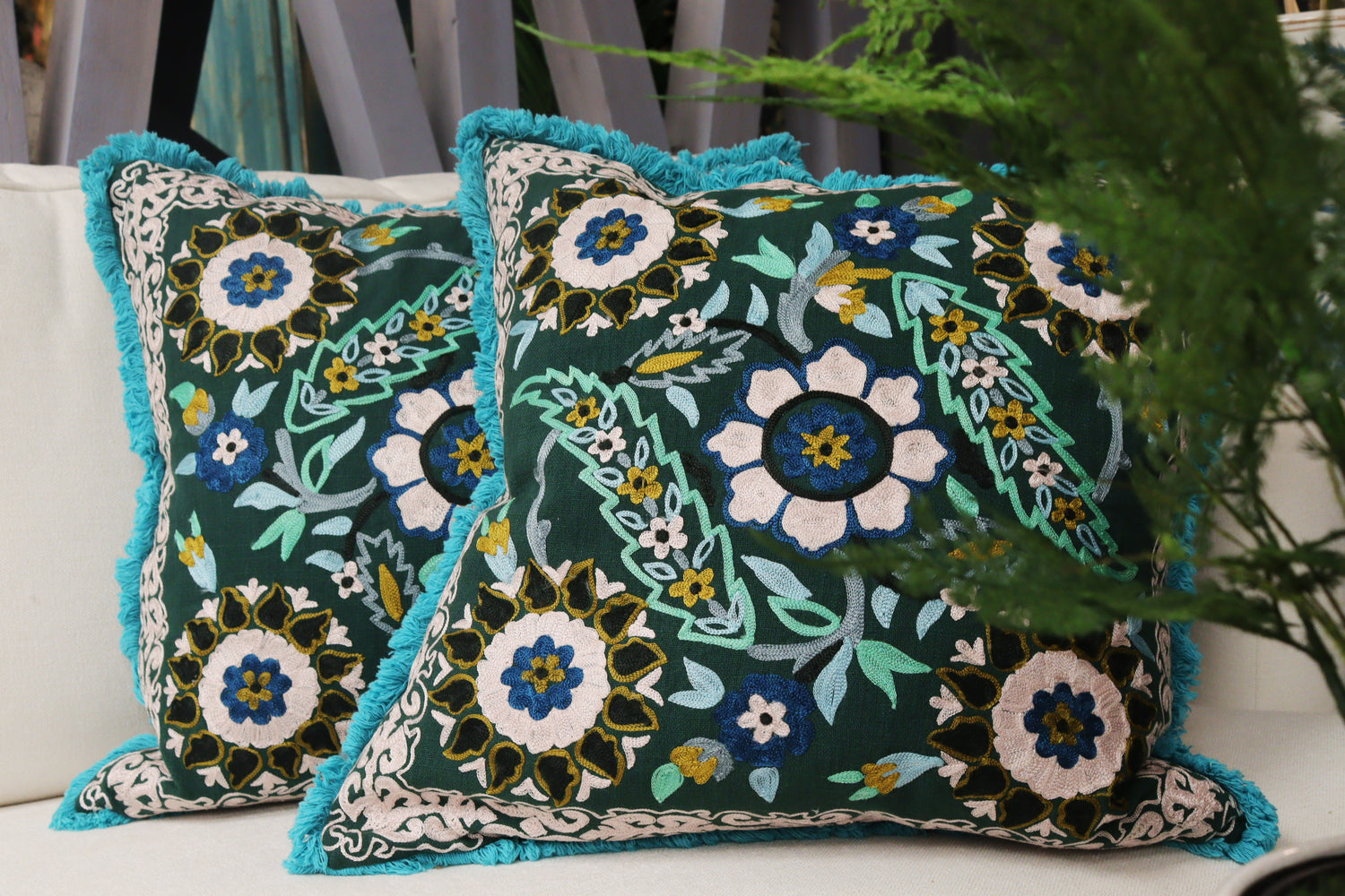 Blue Tassel Floral Cushion
