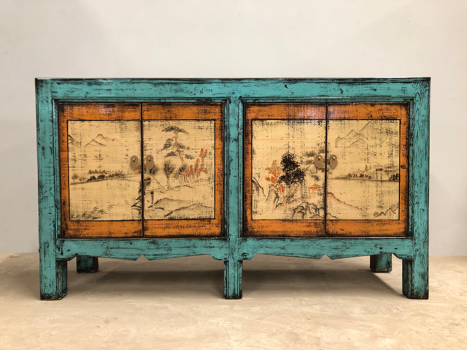 Rustic Lacquered Landscape Art Sideboard