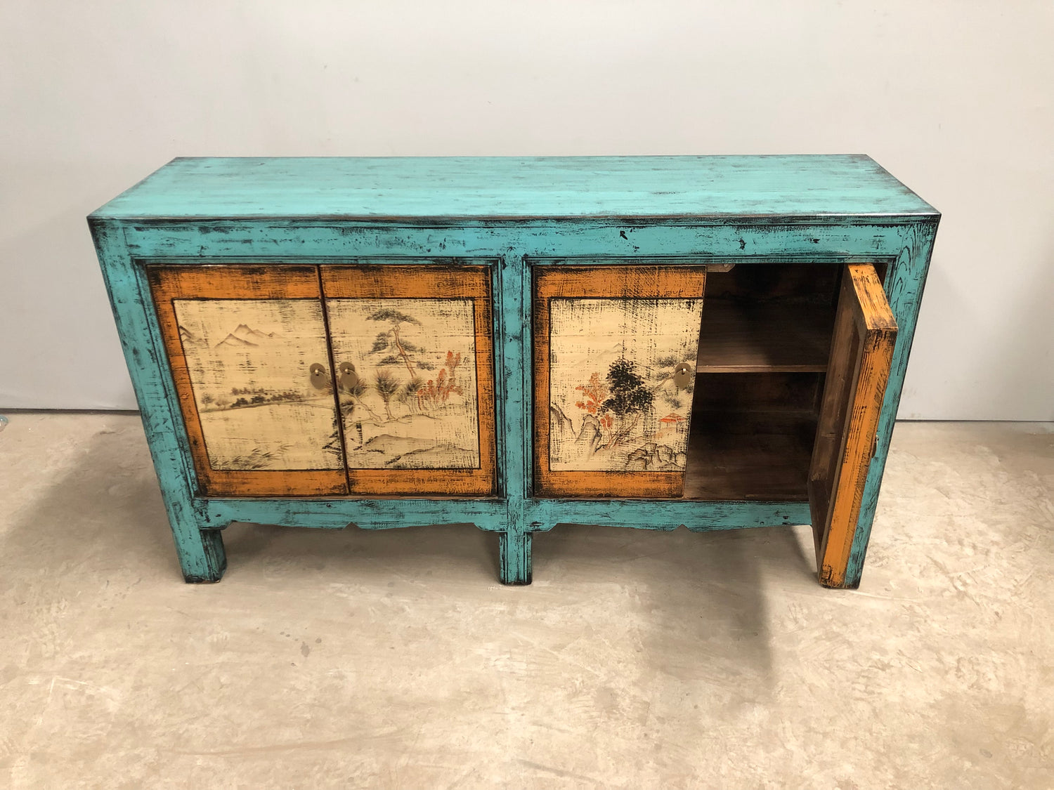 Rustic Lacquered Landscape Art Sideboard