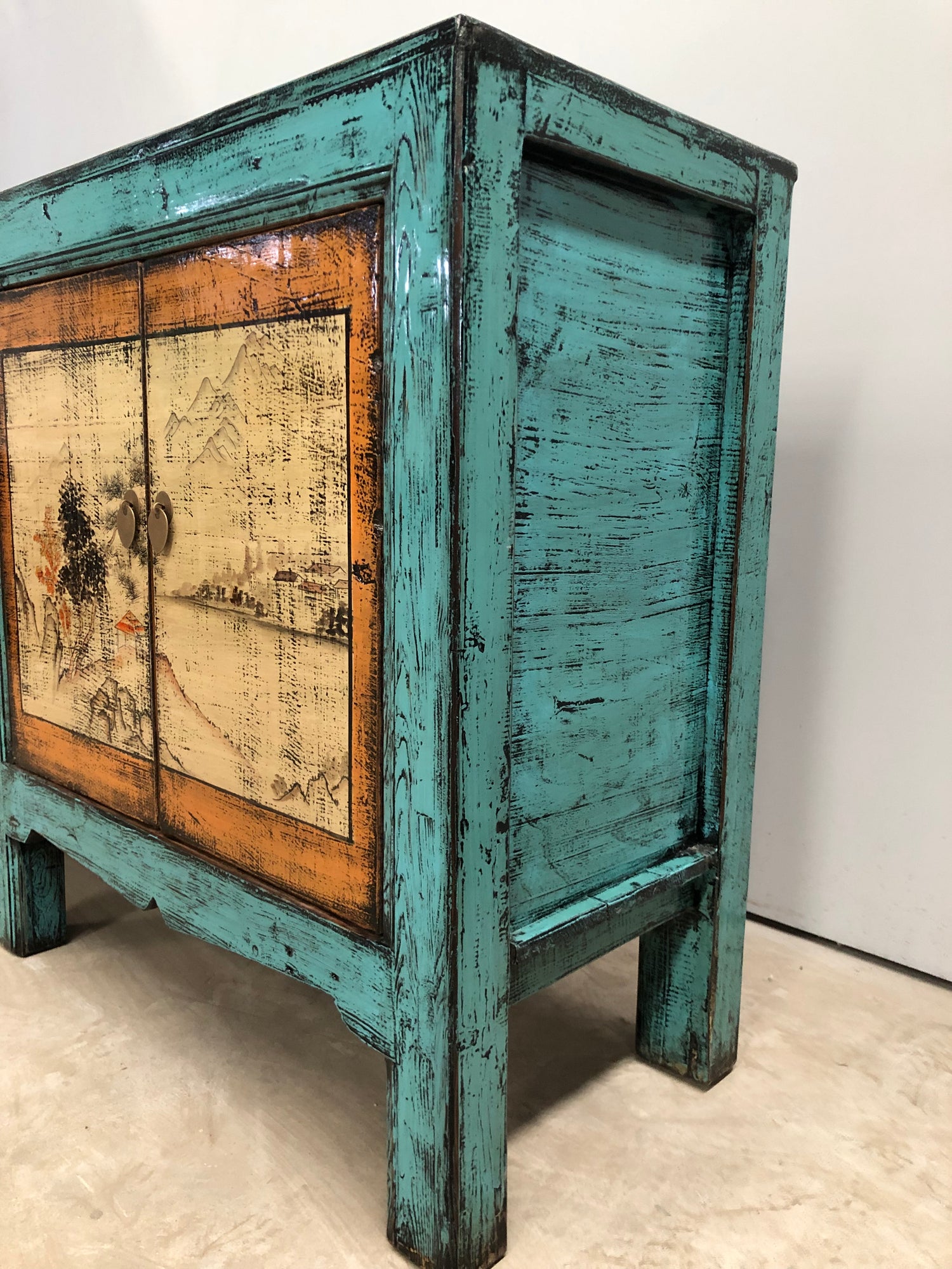 Rustic Lacquered Landscape Art Sideboard