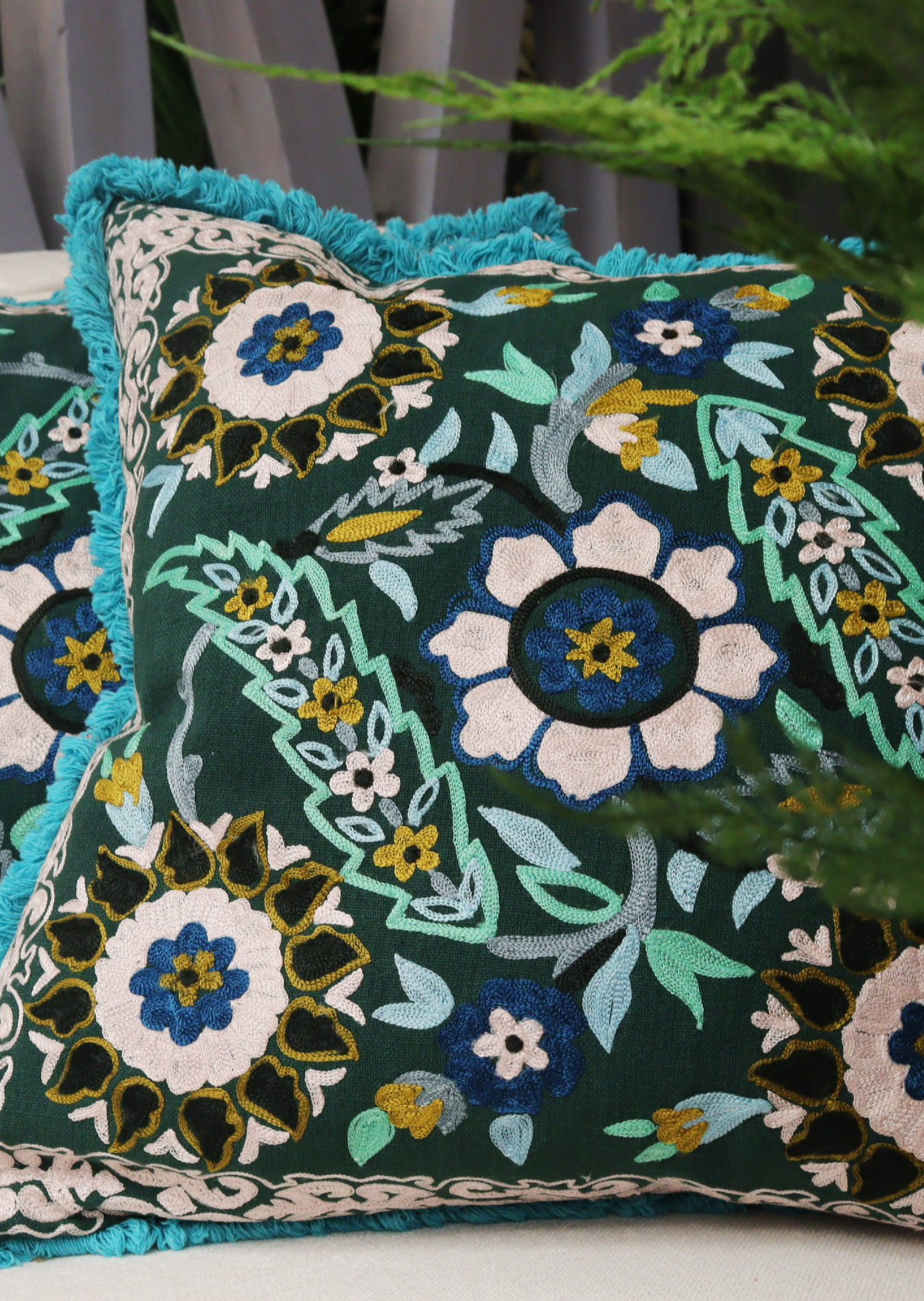 Blue Tassel Floral Cushion