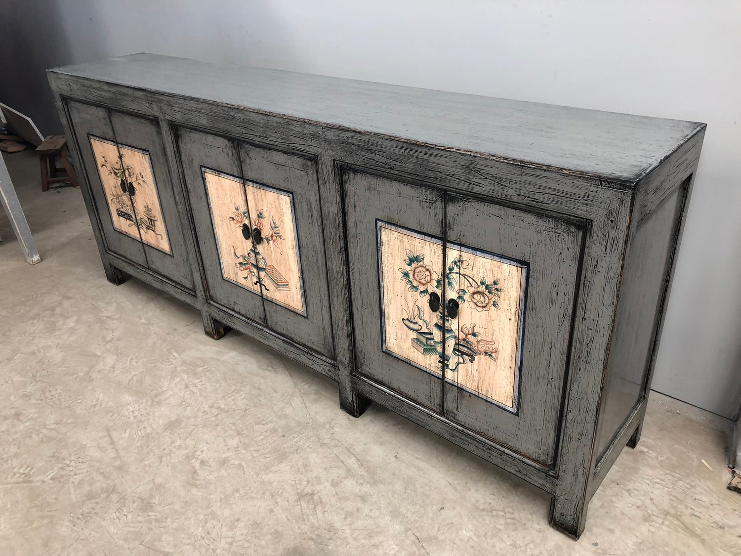 Lacquered Chinese Dark Grey Sideboard