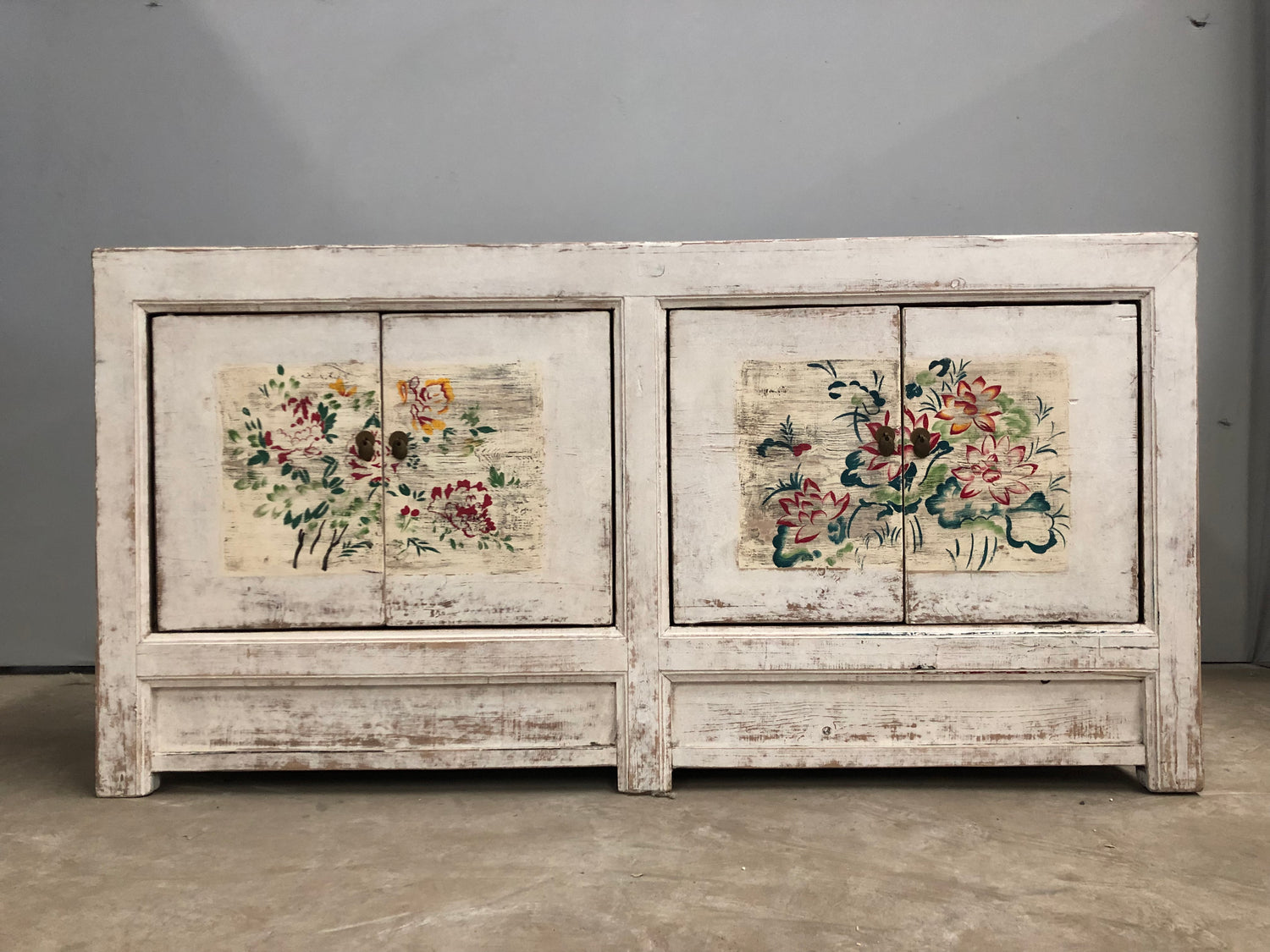 Distressed Lacquered White Floral Sideboard