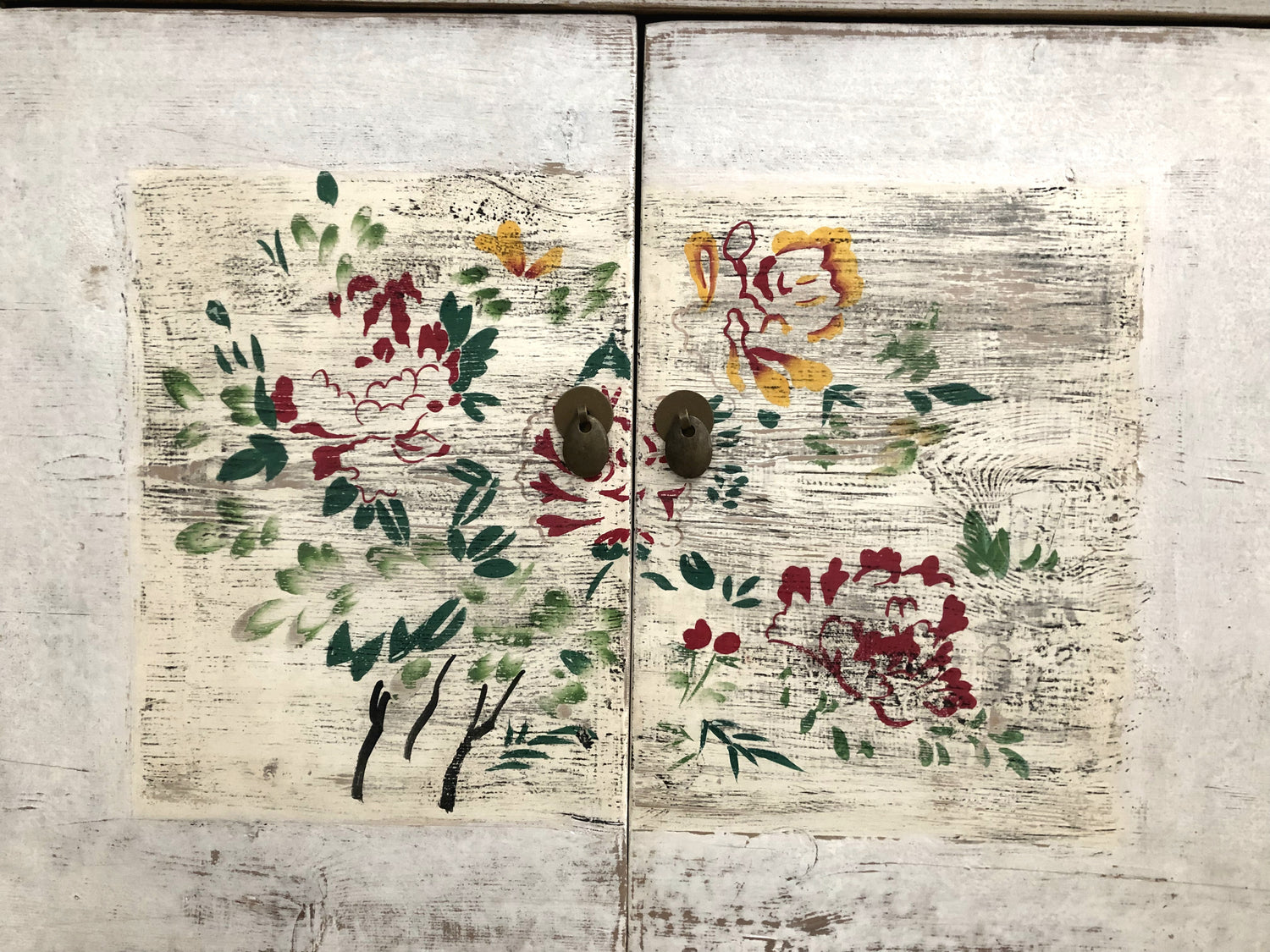 Distressed Lacquered White Floral Sideboard